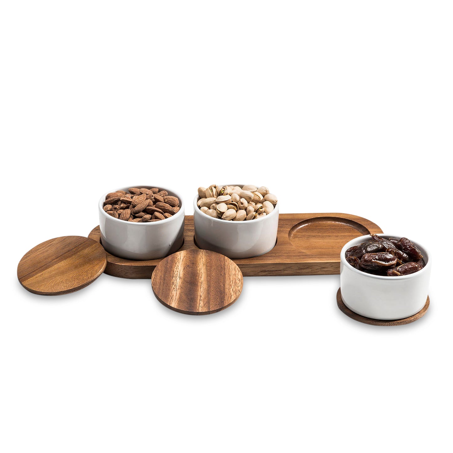 Condiment Serving Set 3 Ceramic Bowls with Lids 13" x 3.75"